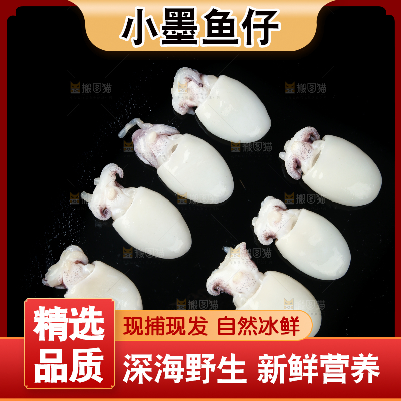 黑底上摆放着墨鱼仔
