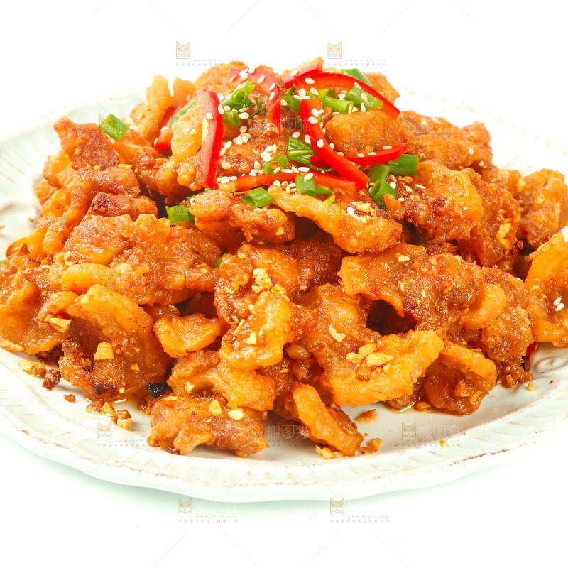 一盘蒜香辣子五花肉摆在白底上