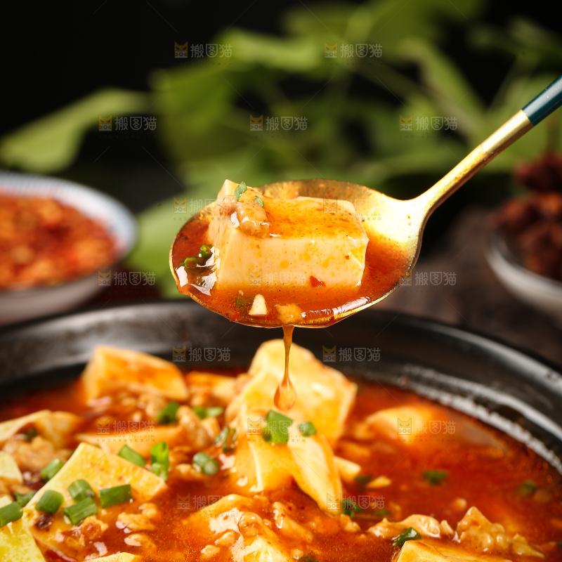 勺子上舀着麻辣豆腐