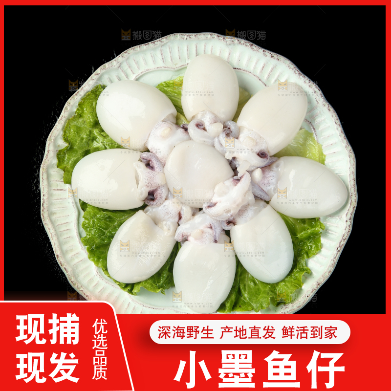 黑底上放着一盘新鲜墨鱼仔
