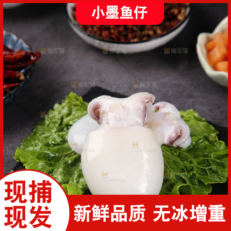 黑石板上的去皮去内脏墨鱼仔