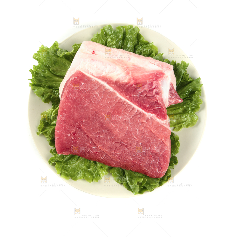 白底上摆放着一盘猪肉