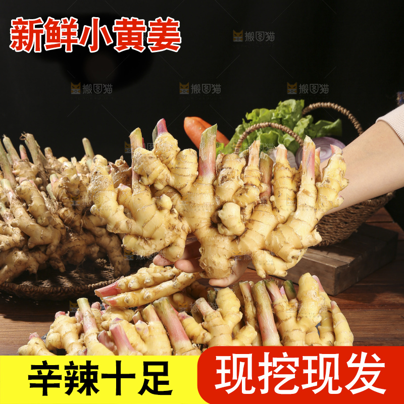 木底上的新鲜小黄姜