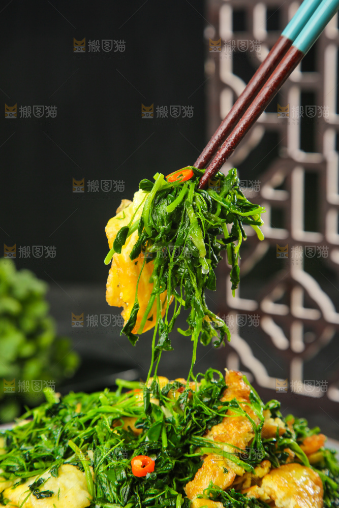 盘子里的苜蓿菜炒鸡蛋