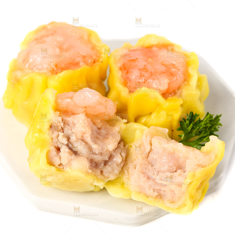 白底上的虾肉烧卖