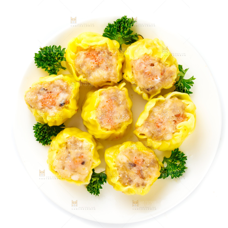 白底上的虾肉烧卖