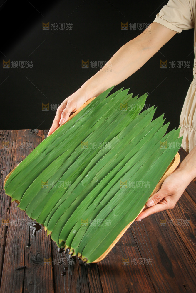 深底上的新鲜粽叶