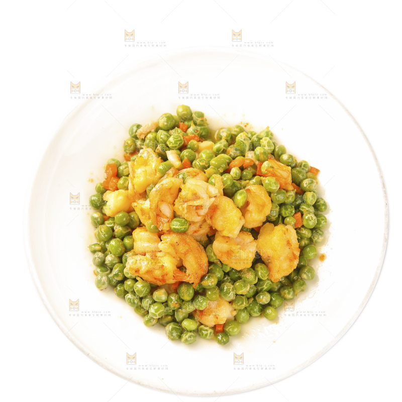 盘子里的豌豆炒虾仁