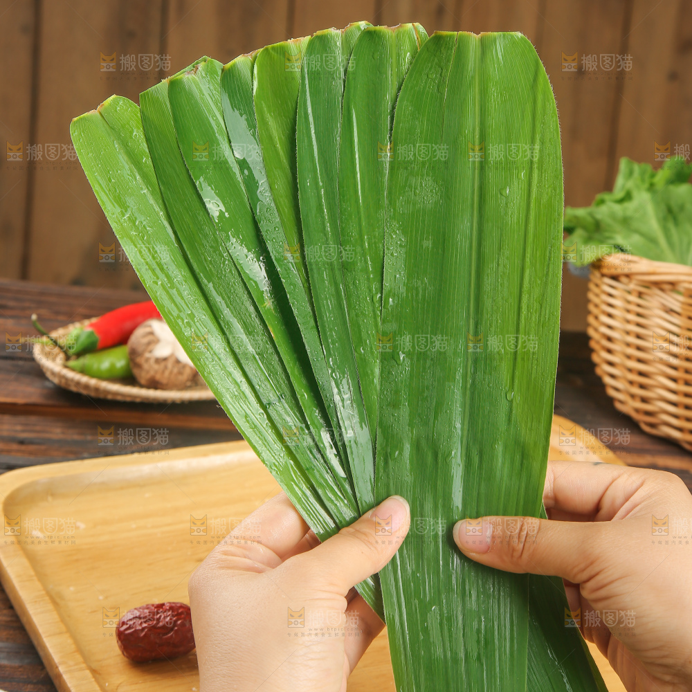 手里拿着新鲜粽叶