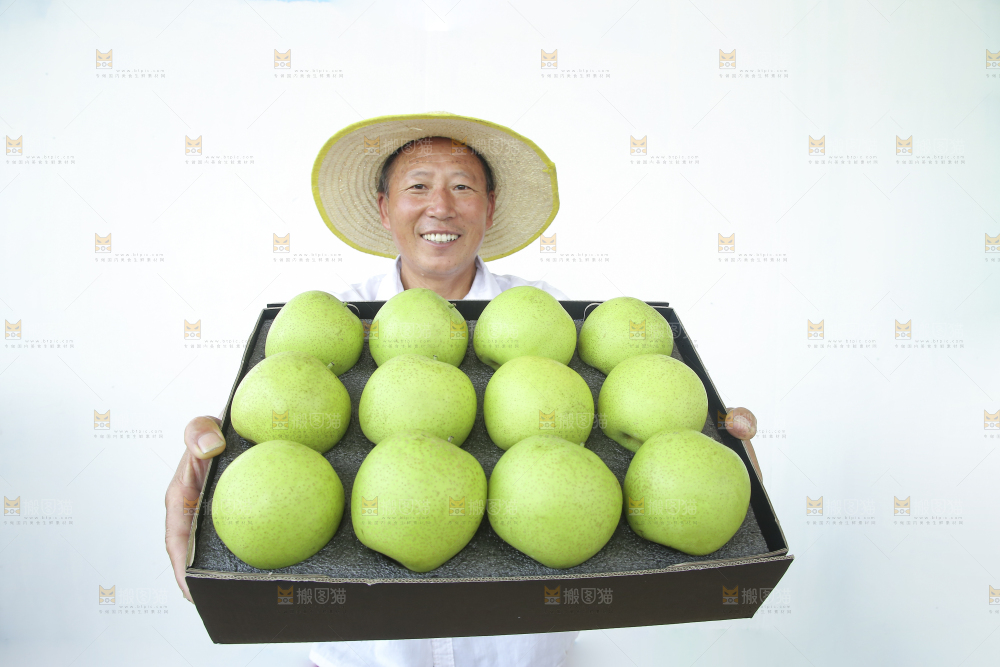 手里拿着一盒青皇冠梨