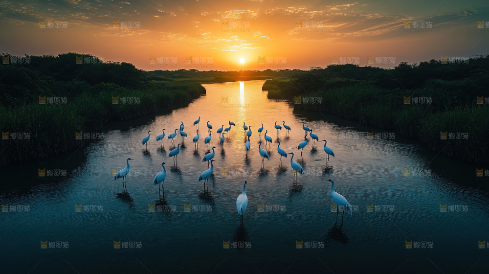 飞鸟湿地栖息鸟类生态水域风景