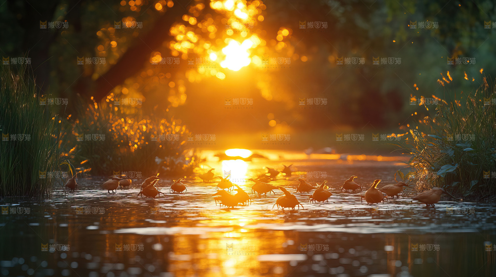 飞鸟湿地栖息鸟类生态水域风景