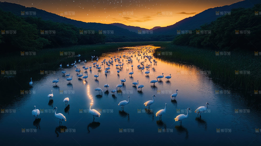飞鸟湿地栖息鸟类生态水域风景