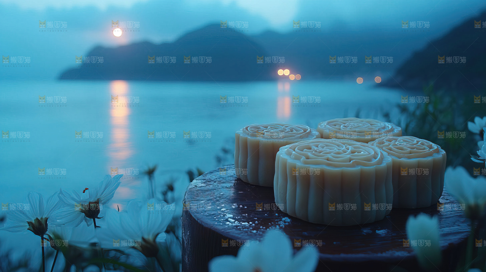 中秋素材团圆花灯月饼荷花灯赏月