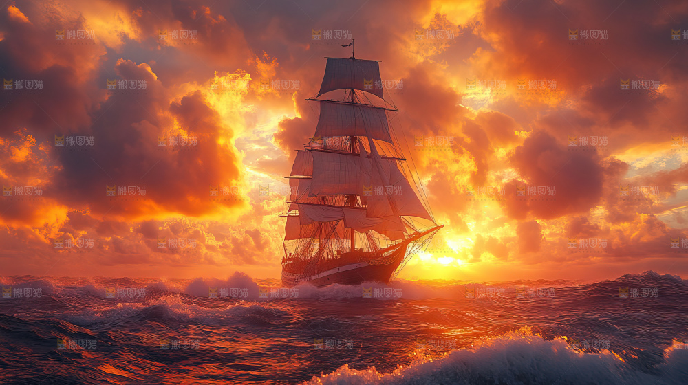 帆船海洋巨浪海浪扬帆起航