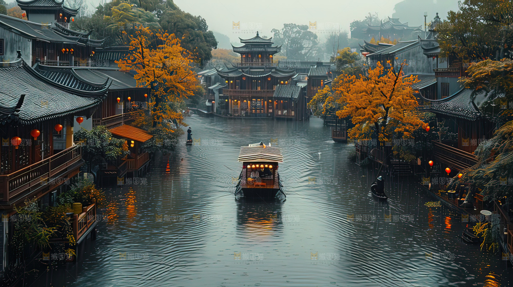 水乡乌篷船建筑江南大美中国宁静静谧