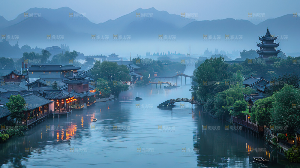 水乡乌篷船建筑江南大美中国宁静静谧