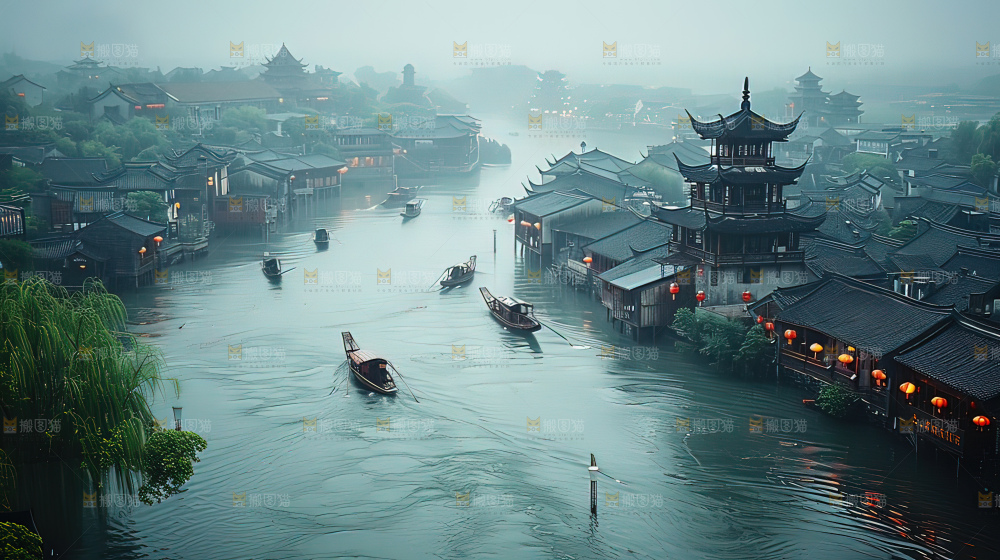 水乡乌篷船建筑江南大美中国宁静静谧