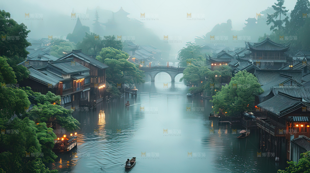 水乡乌篷船建筑江南大美中国宁静静谧