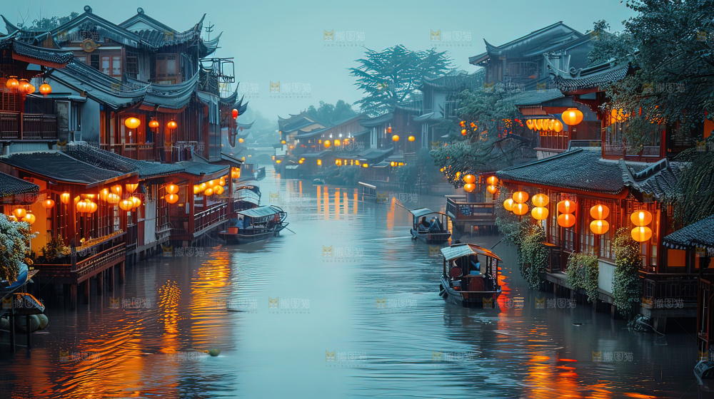 水乡乌篷船建筑江南大美中国宁静静谧