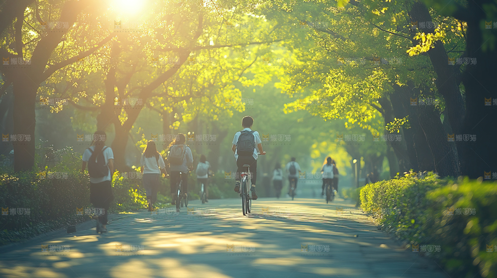 校园林荫小道上的学生
