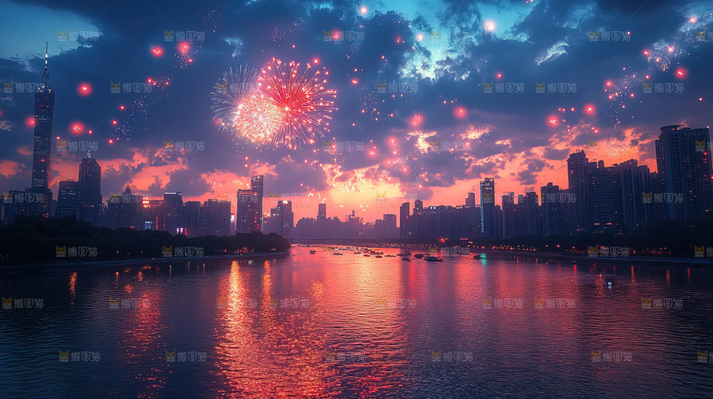 现代城市烟花夜景节日