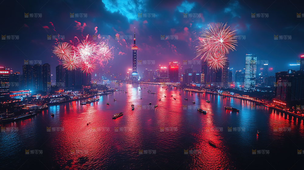 现代城市烟花夜景节日
