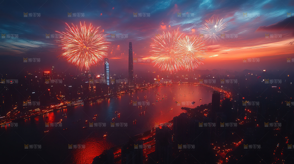 现代城市烟花夜景节日