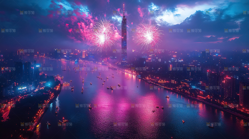 现代城市烟花夜景节日