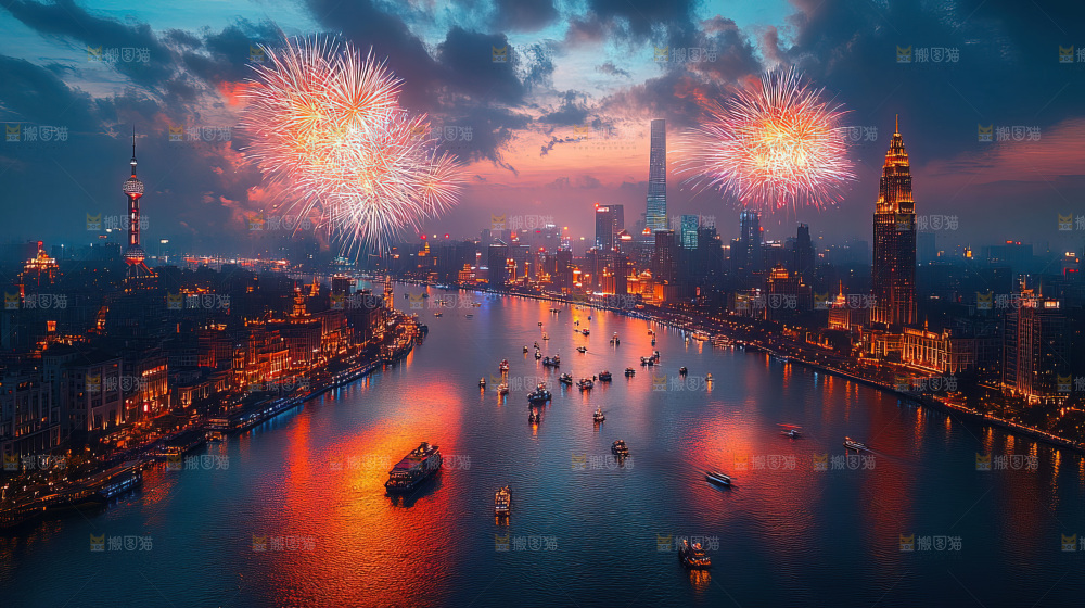 现代城市烟花夜景节日