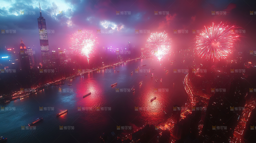 现代城市烟花夜景节日