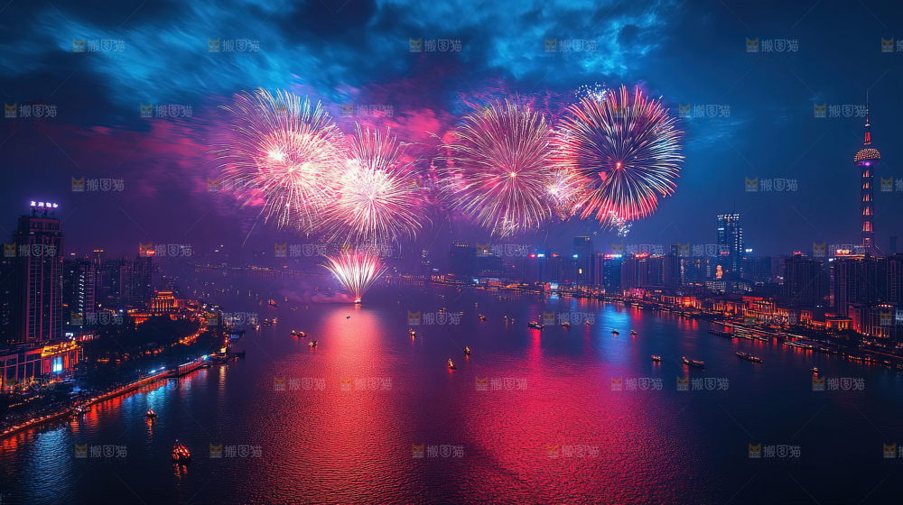 现代城市烟花夜景节日