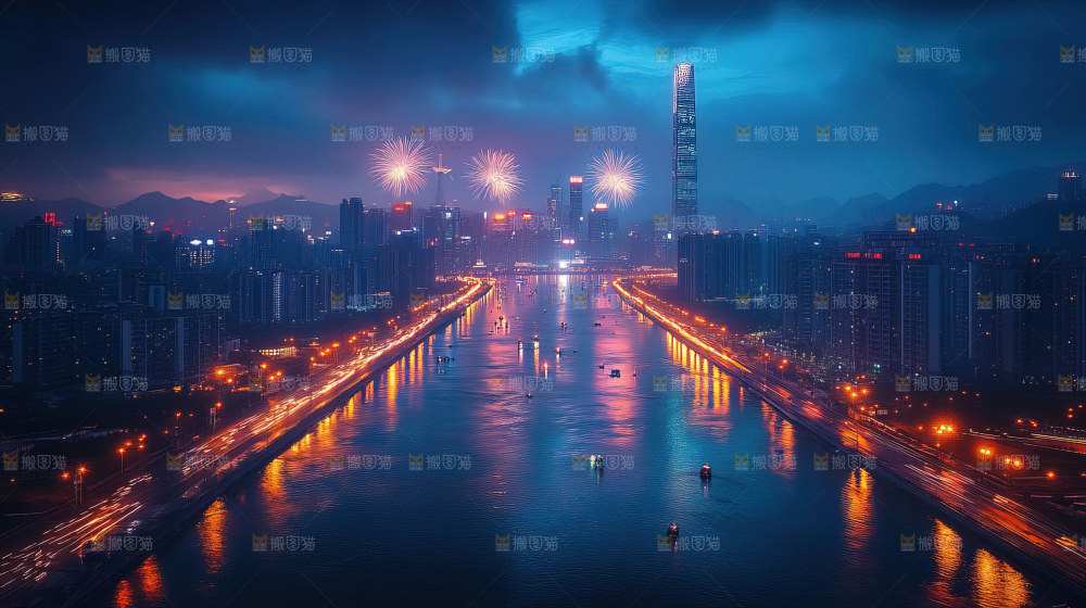 现代城市烟花夜景节日
