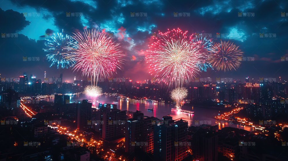 现代城市烟花夜景节日