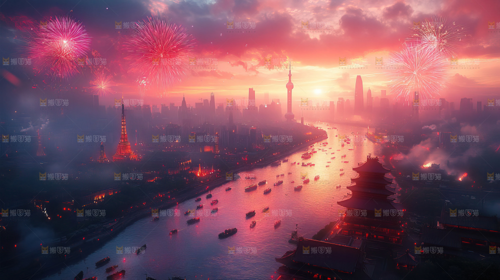 现代城市烟花夜景节日