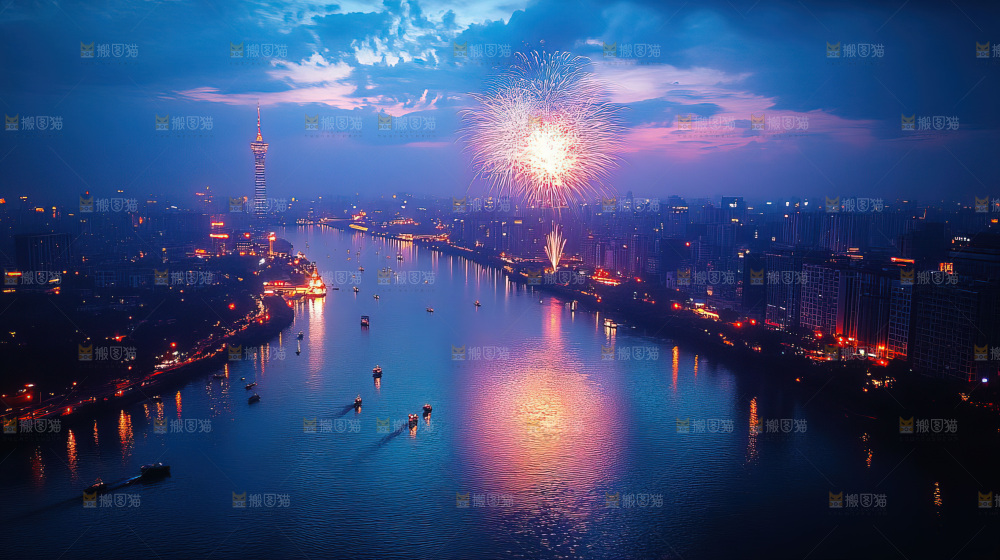 现代城市烟花夜景节日