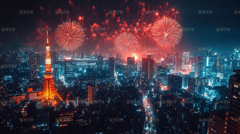 现代城市烟花夜景节日