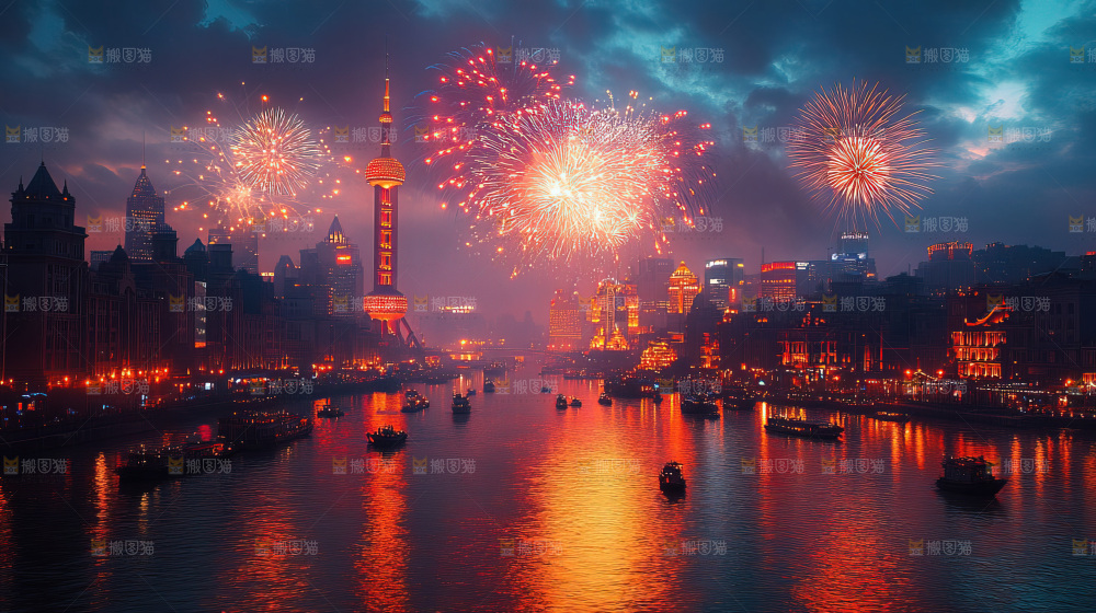 现代城市烟花夜景节日