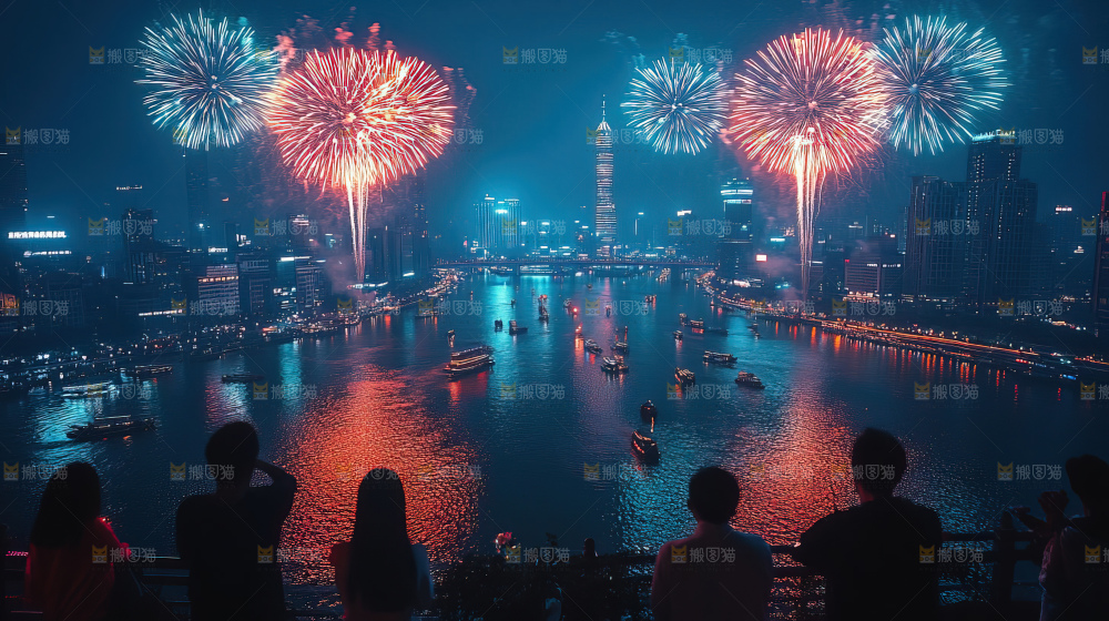 现代城市烟花夜景节日