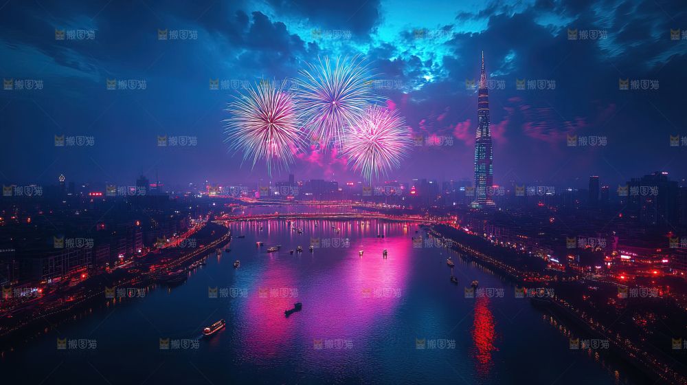 现代城市烟花夜景节日