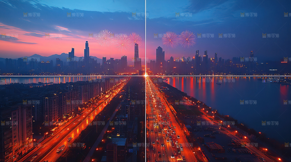 现代城市烟花夜景节日