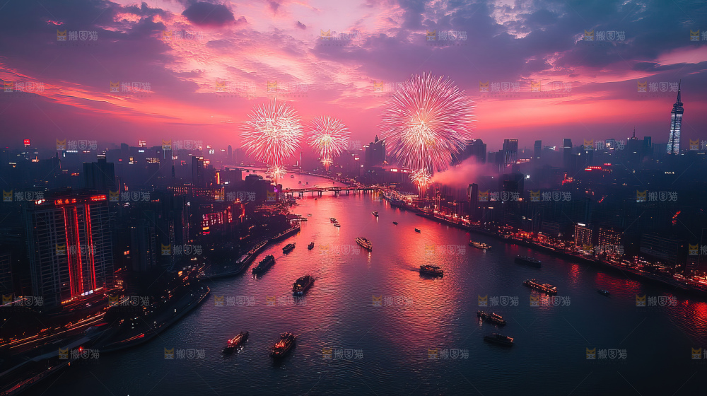 现代城市烟花夜景节日