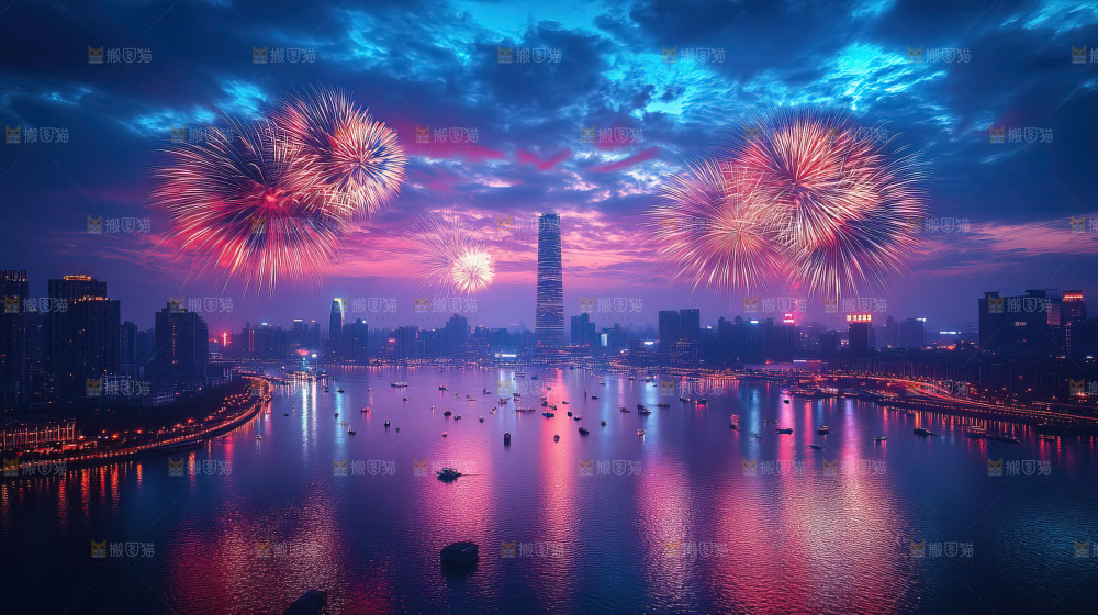 现代城市烟花夜景节日