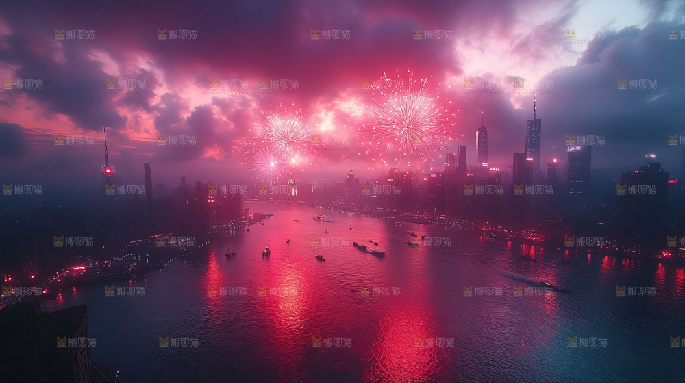 现代城市烟花夜景节日