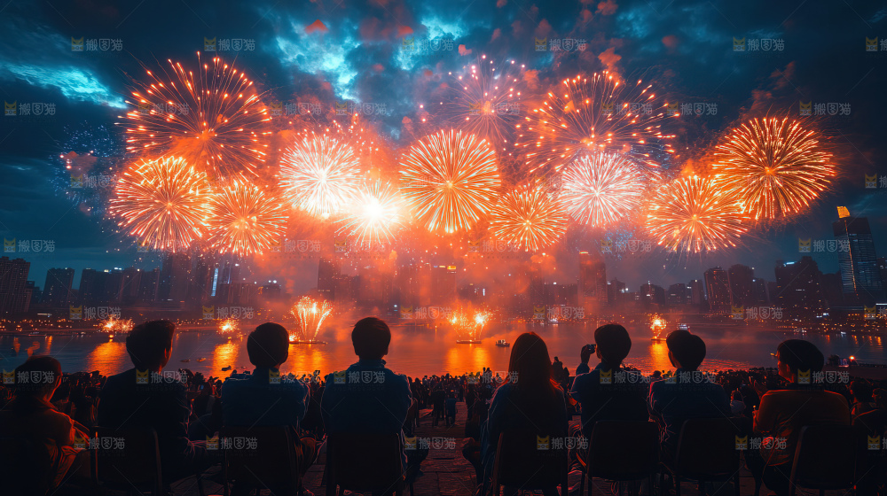 现代城市烟花夜景节日