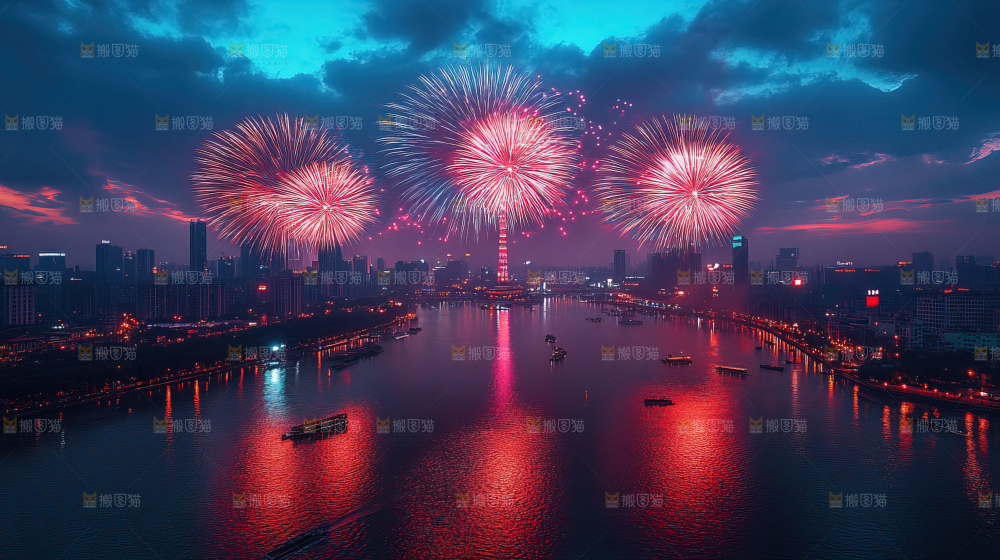 现代城市烟花夜景节日