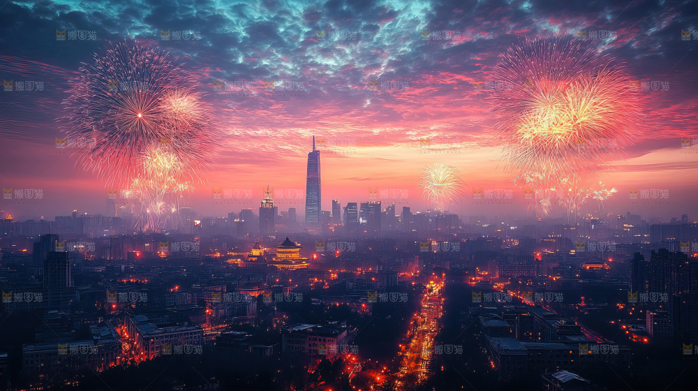 现代城市烟花夜景节日