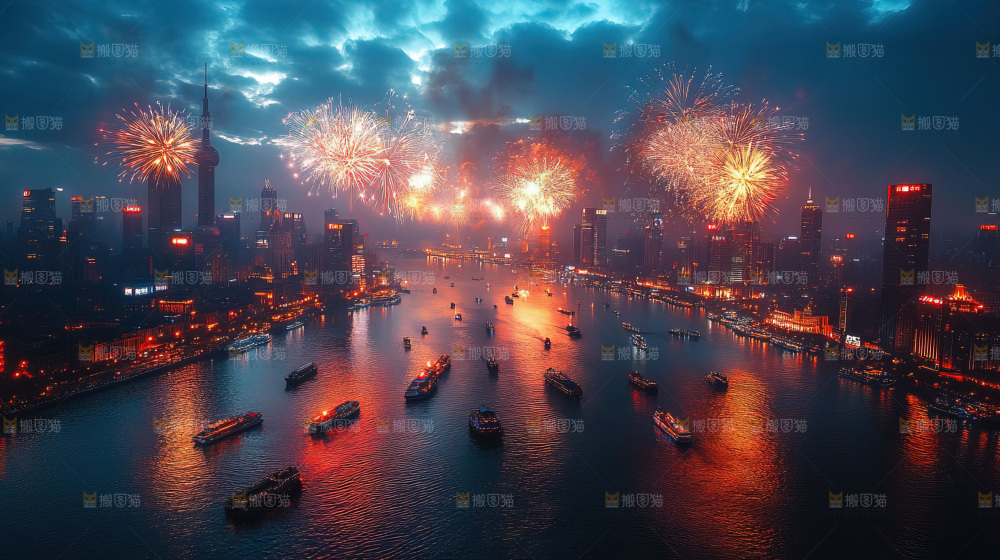 现代城市烟花夜景节日