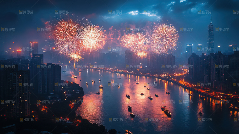 现代城市烟花夜景节日