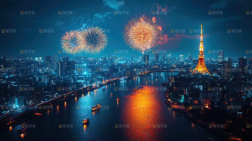 现代城市烟花夜景节日